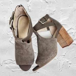 Marc Fisher Stacked Heel Open Toe Buckle Booties